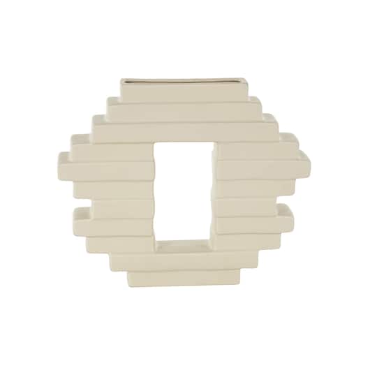 12" Cream Ceramic Abstract Decorative Vase with Rectangular Center Cutout
